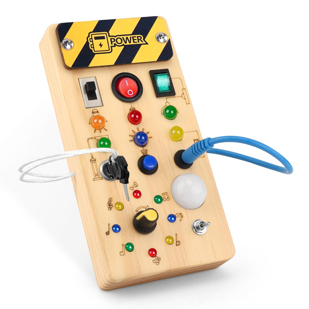 wakeInsa Busy Board LED lights engage toddlers with sensory exploration.