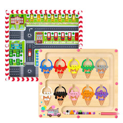 wakeInsa color and number maze front view with wooden magnet car for color and number recognition.