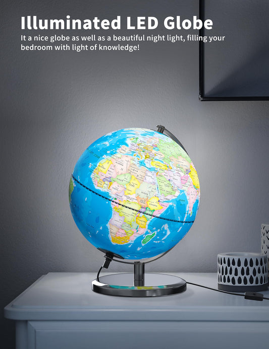 Waldauge illuminated globe night light showing maps with soft LED glow