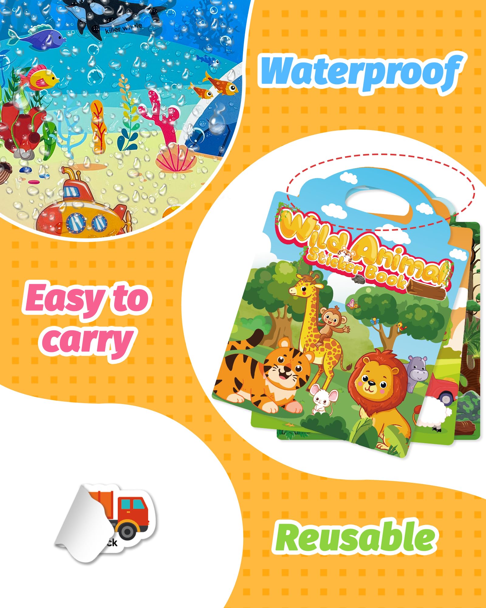 Walenced portable sticker book with handle supports travel-friendly art time.