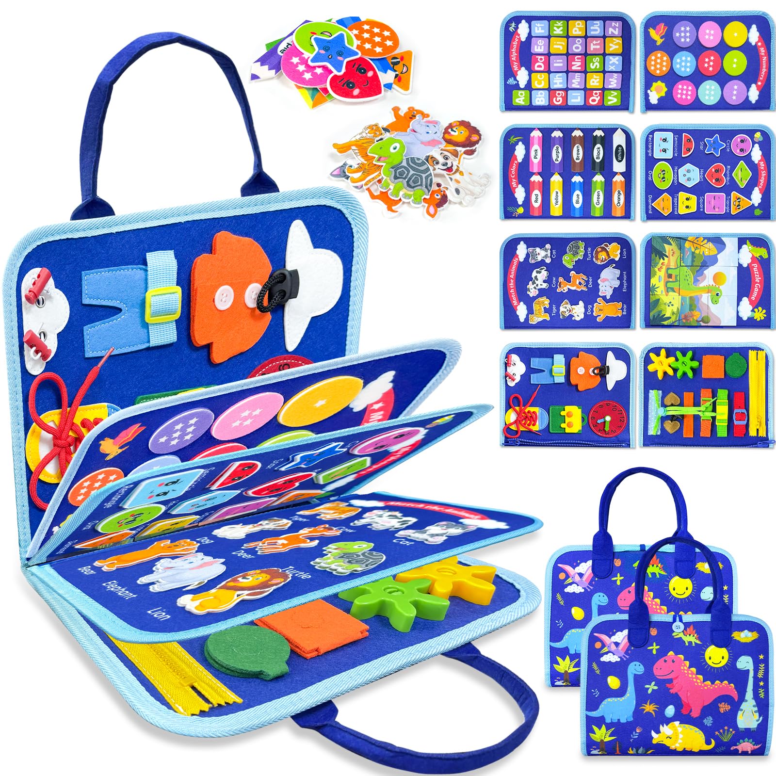 Walenty Busy Board blue dinosaur cover showing durable, engaging learning activity for toddlers.
