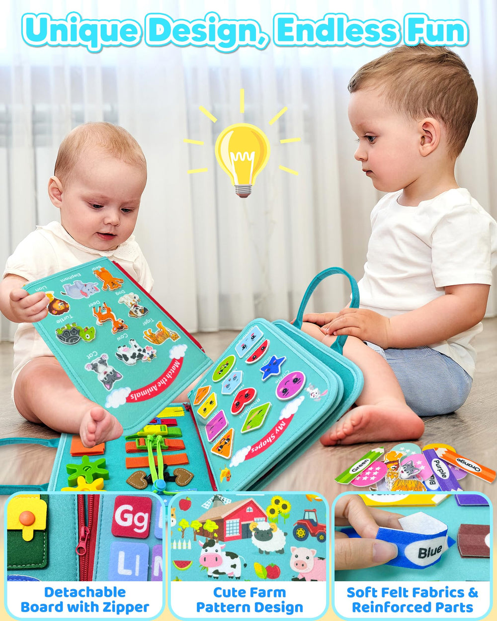 Walenty Busy Board farm-themed puzzle encourages problem solving during play.