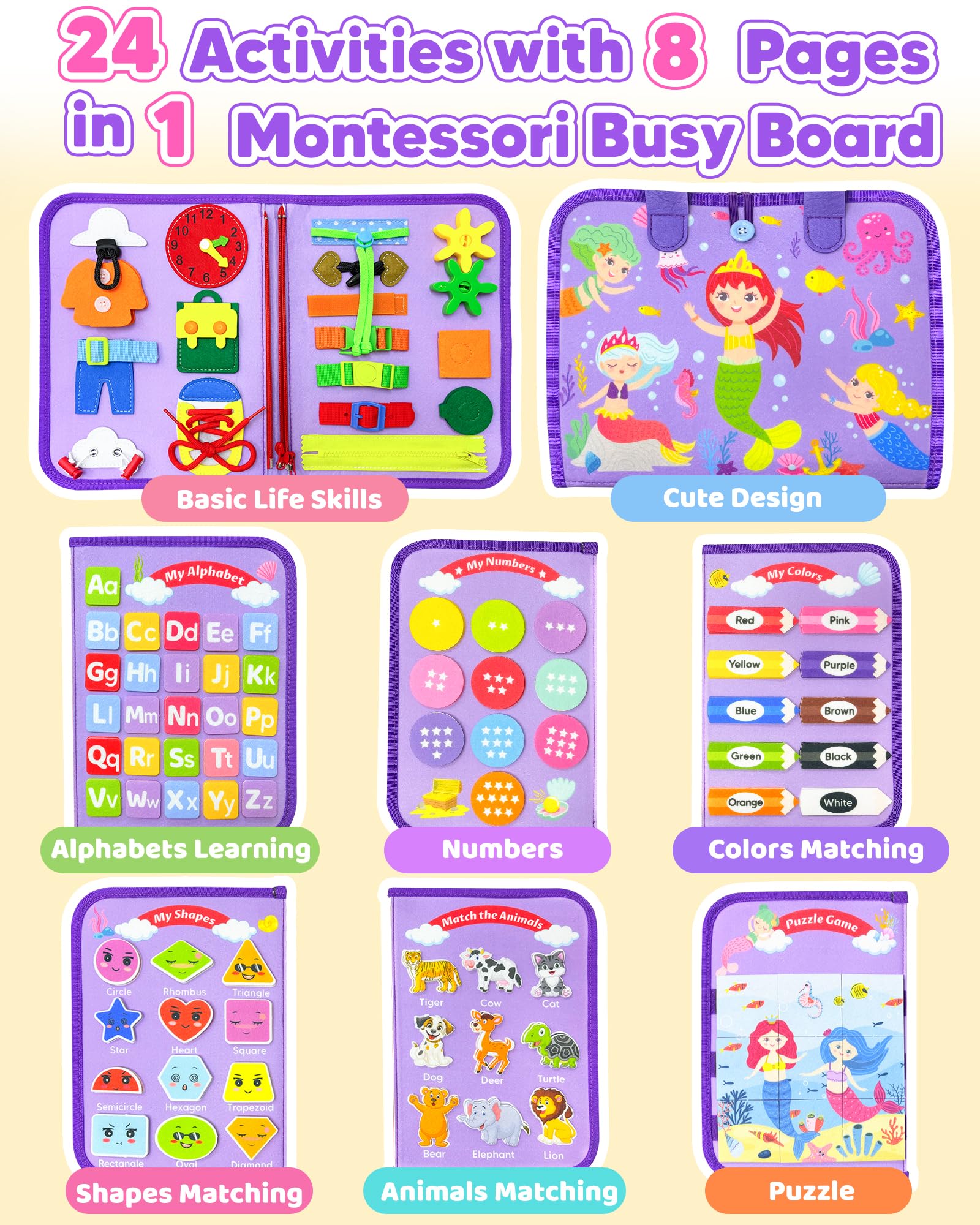 Walenty Busy Board mermaid puzzle page supports matching skills while keeping little hands engaged
