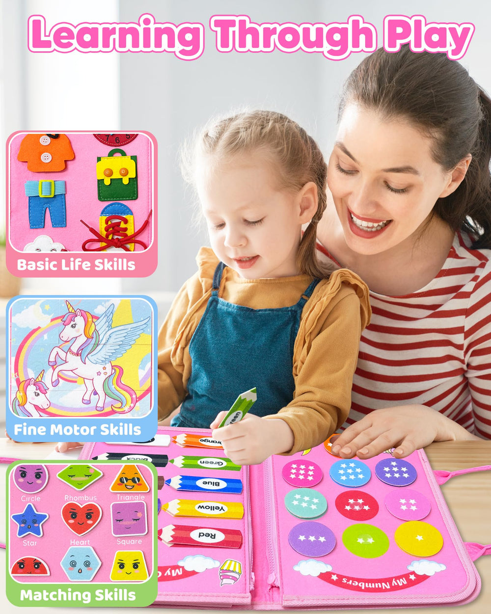 Walenty Busy Board in pink unicorn theme inspires imaginative play.