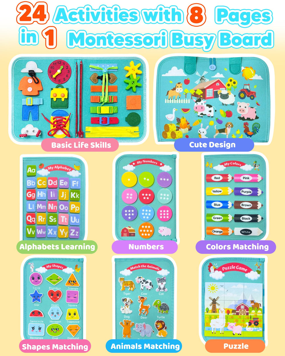 Walenty Busy Board shapes and colors help with recognition through play.