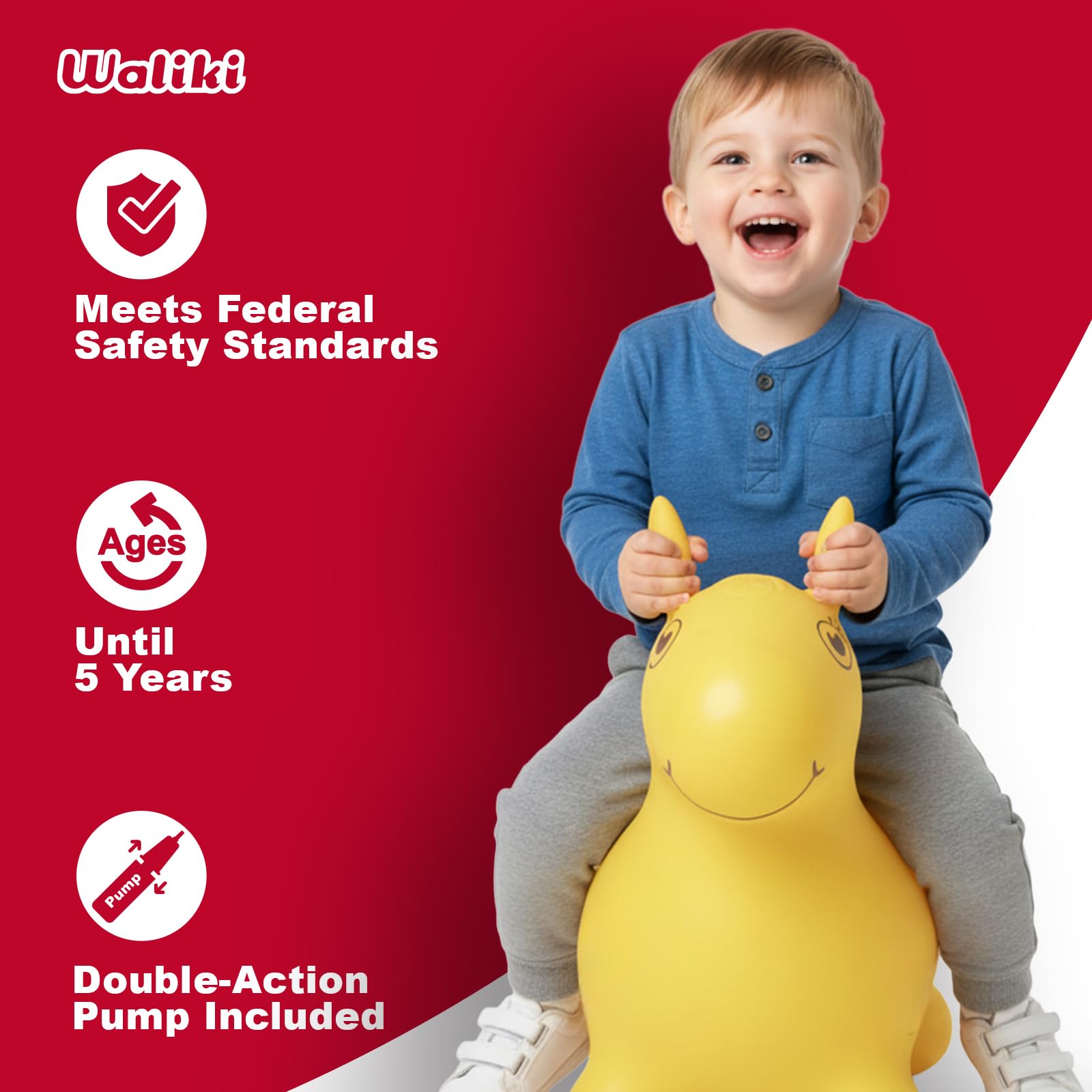 WALIKI yellow horse with pump shows quick setup for easy start