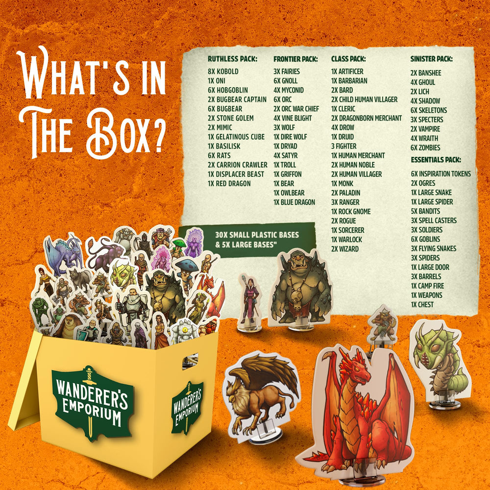 28–32mm scale Wanderers Emporium minis fit standard 1-inch grids.