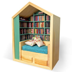 Wanheart mini bookshelf setup with 400 books enhances desk decor and visual calm.