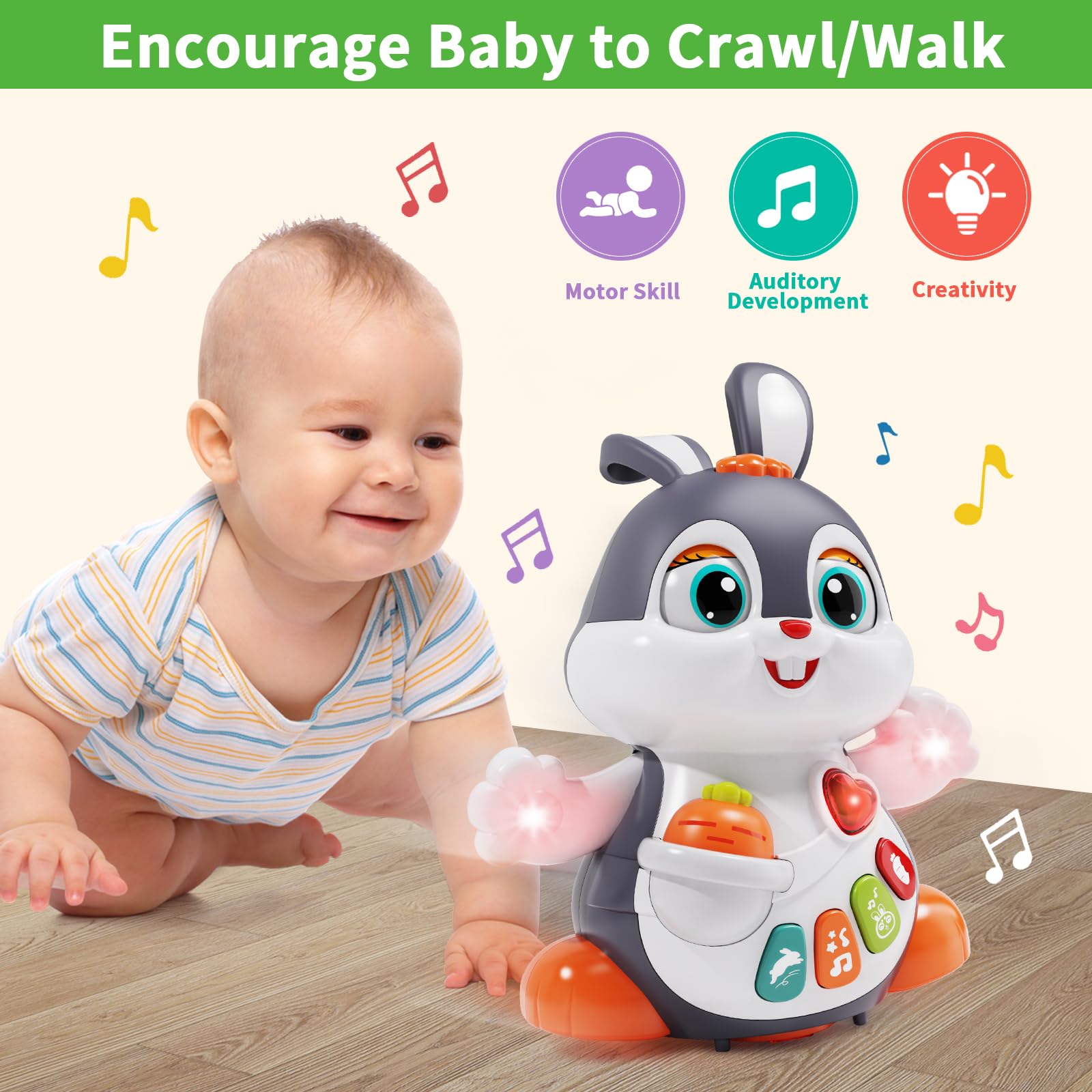 Wanonoo bunny toy for tummy time with lights and music to encourage movement