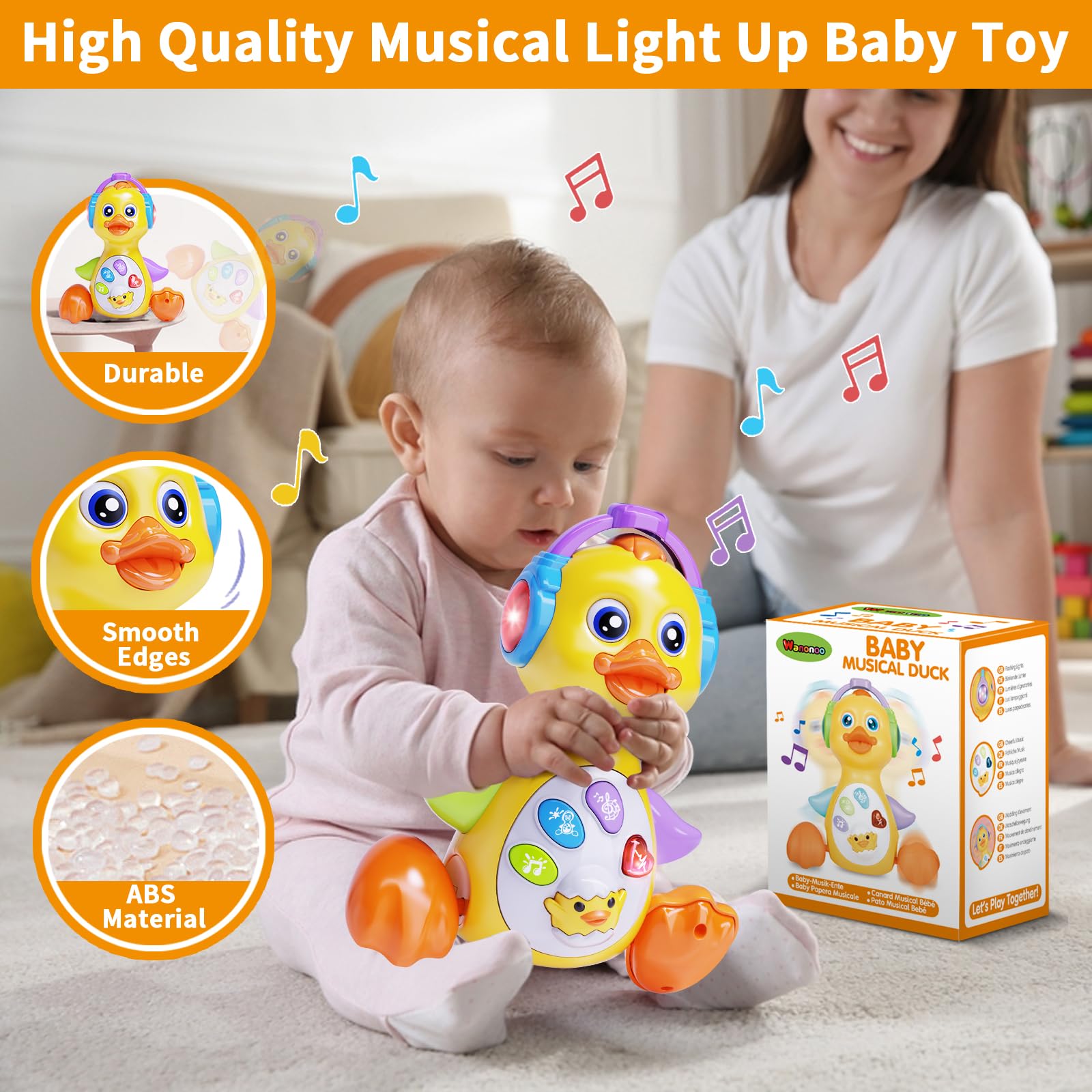 Wanonoo Dancing Duck Toy Sounds promote listening skills with lullabies and animal noises.