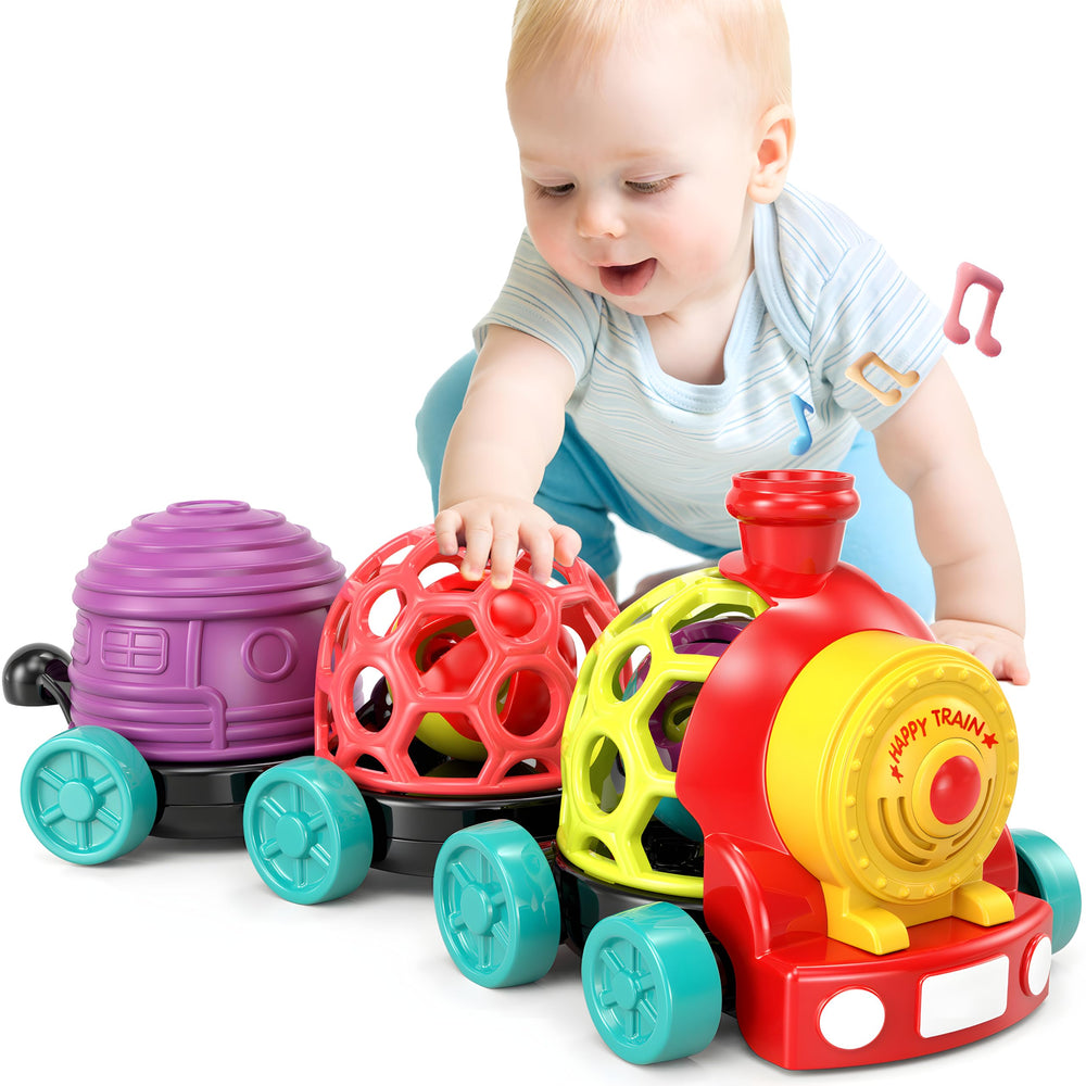 Wanonoo baby train push-go with colorful cars encourages exploration and early motor skills.