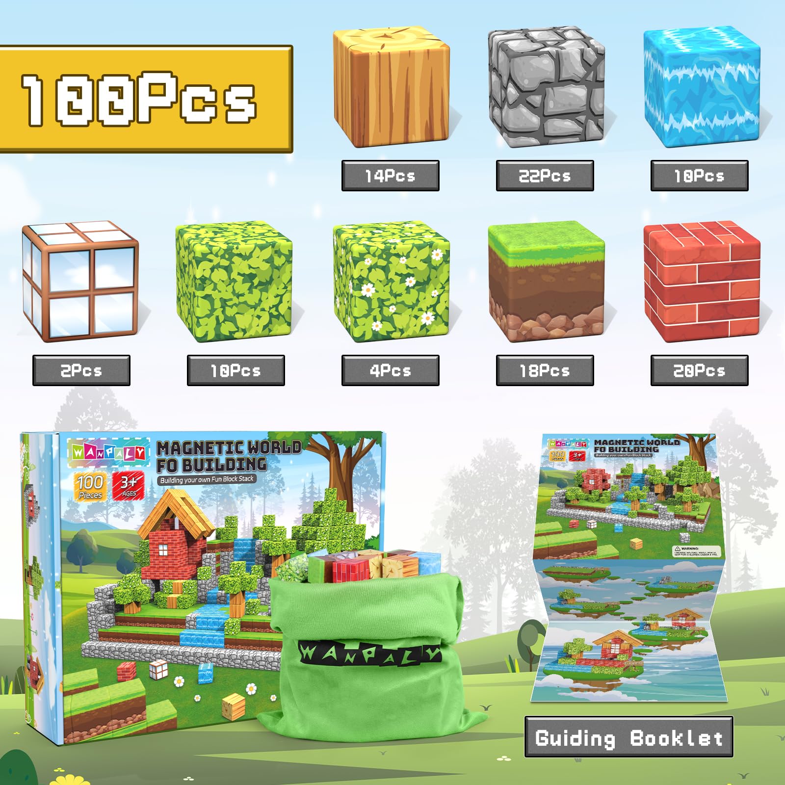 Wanplay 1-inch magnetic blocks pack supports quick setup and varied structures.