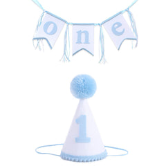 WAOUH boys 1st birthday hat in blue and white, ideal for cake smash photos.