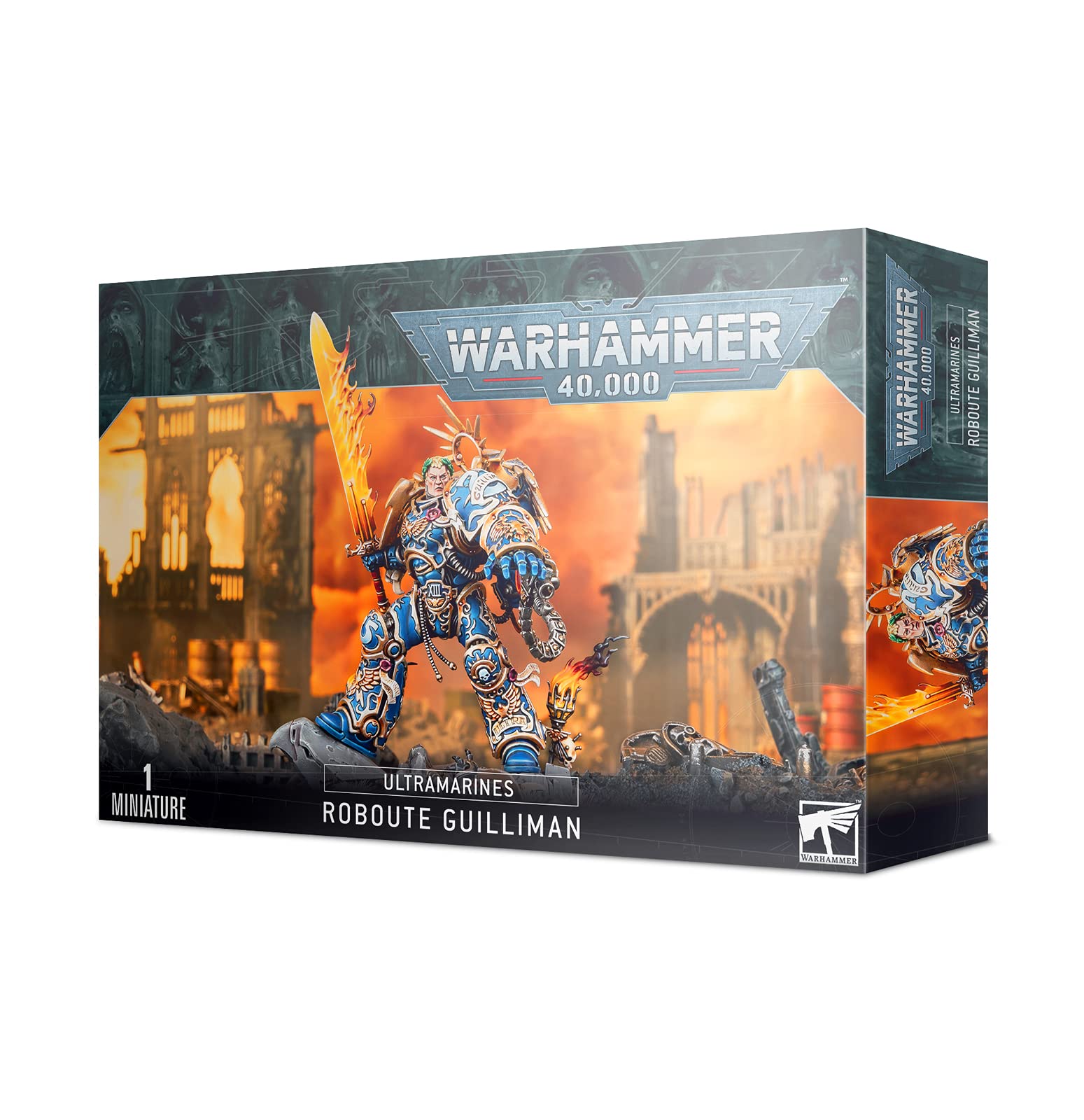 Warhammer Ultramarines Roboute Guilliman front view miniature, ideal for display and hobby painting.