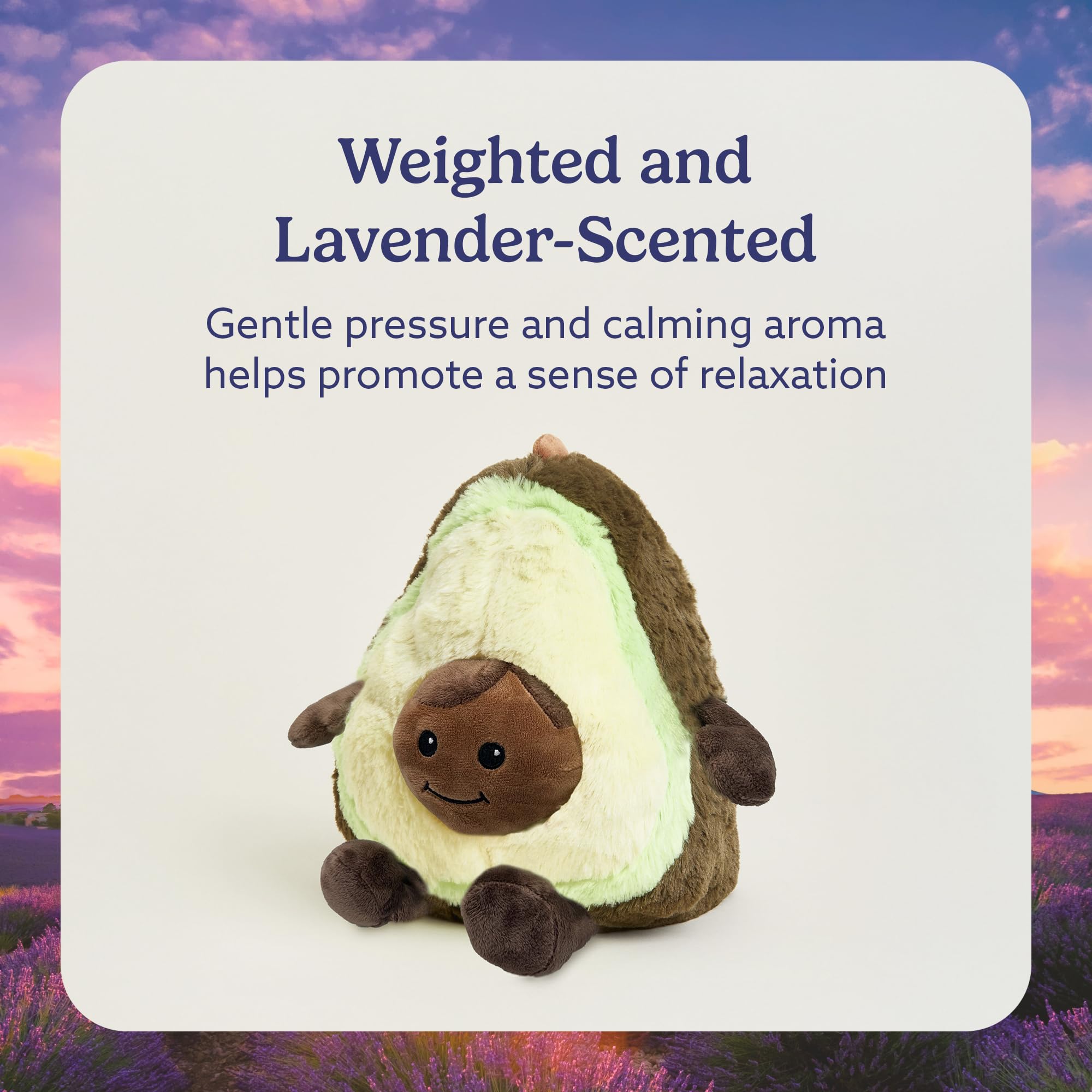 Warmies Avocado plush includes heating guide for safe warming sessions.