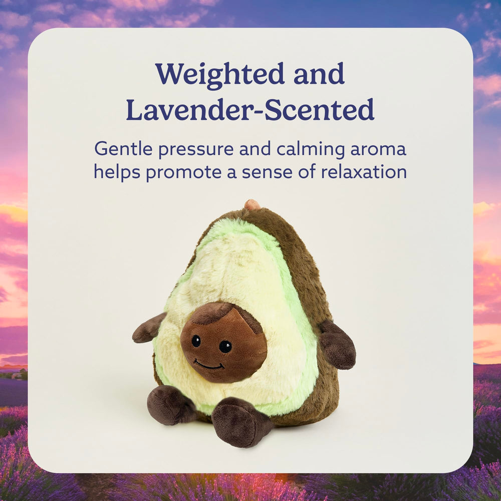Warmies Avocado plush includes heating guide for safe warming sessions.