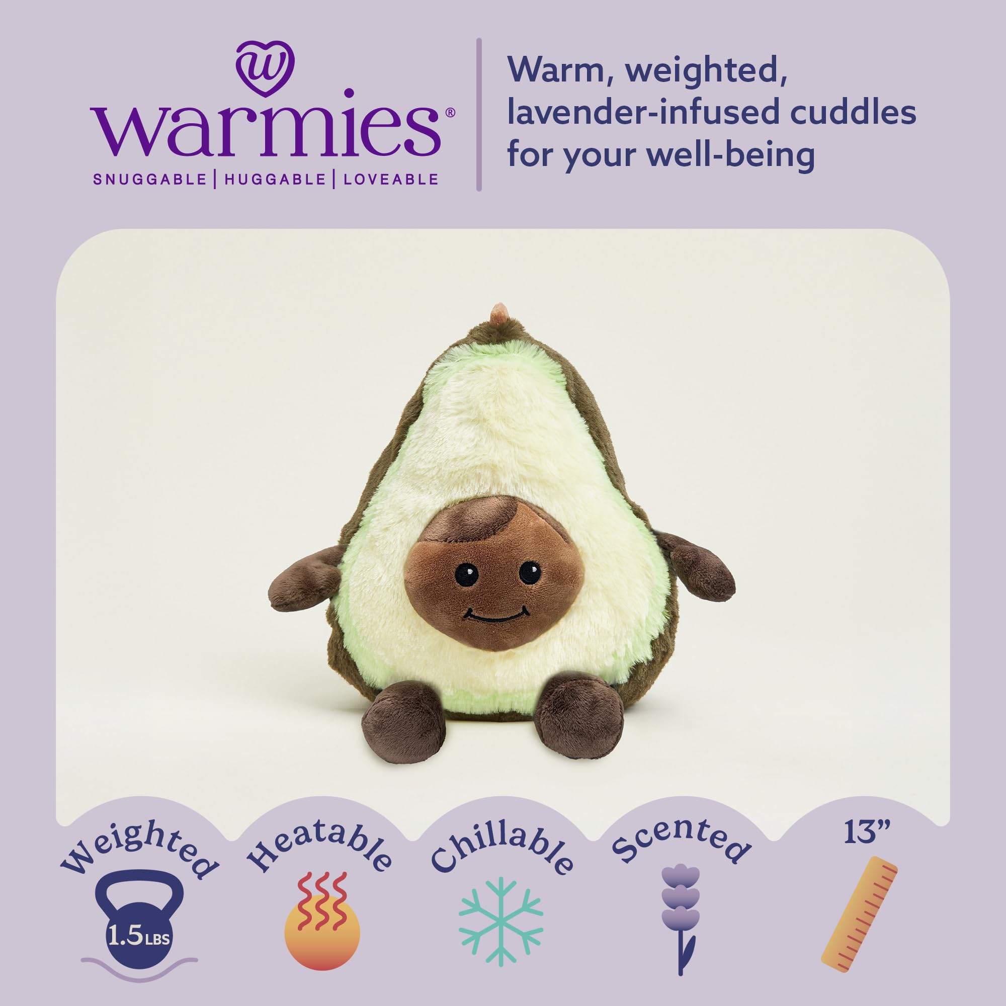 Warmies Avocado plush weighted for calming snuggles and restful evenings.