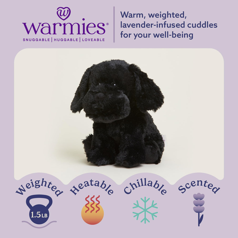 Warmies Black Labrador with heating guide for safe, simple use.