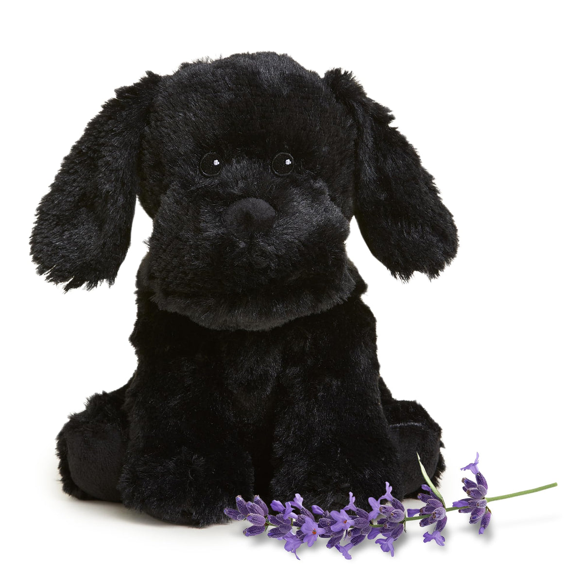 Warmies Black Labrador microwavable plush provides soothing warmth.