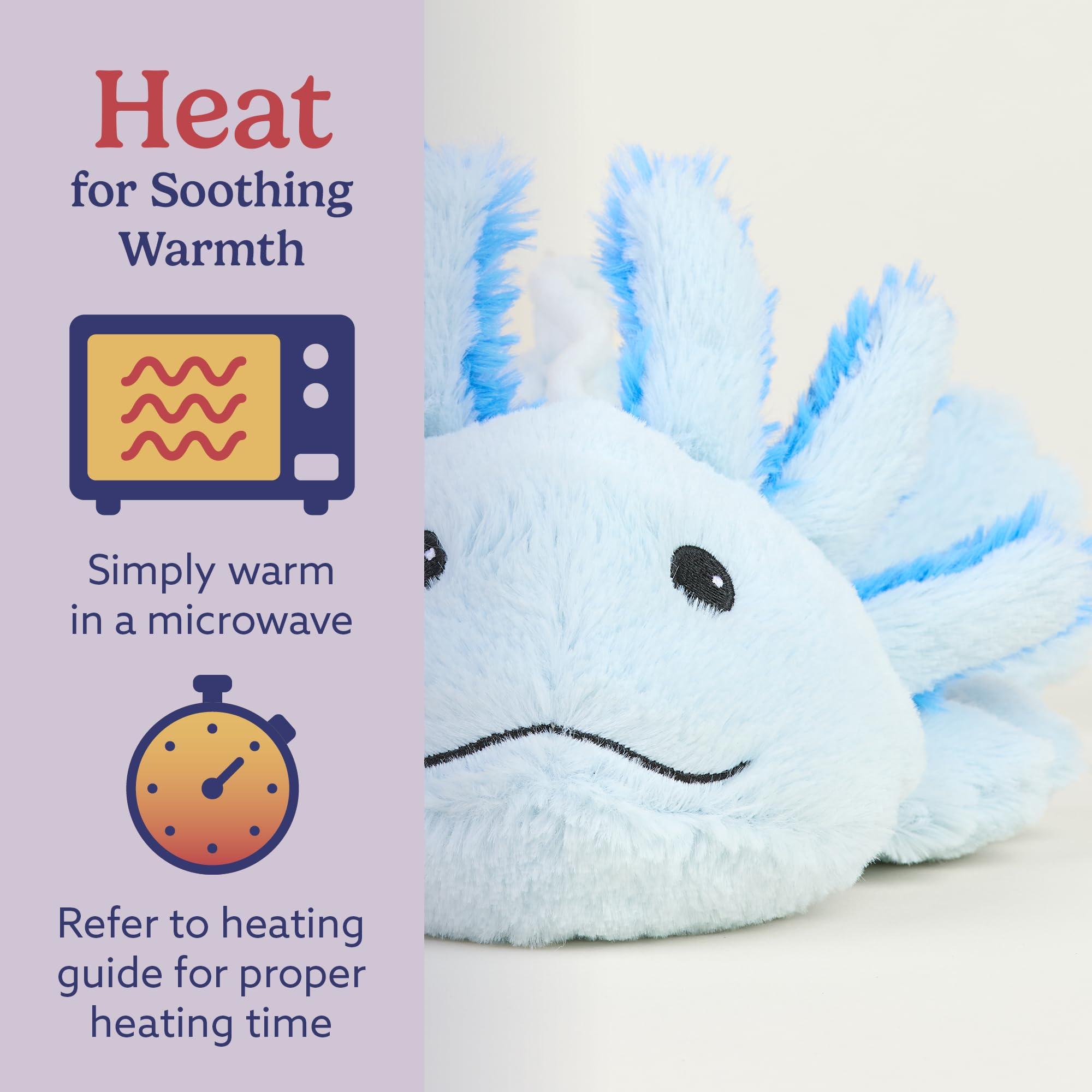 Warmies Blue Axolotl cooling option in freezer for a refreshing touch.