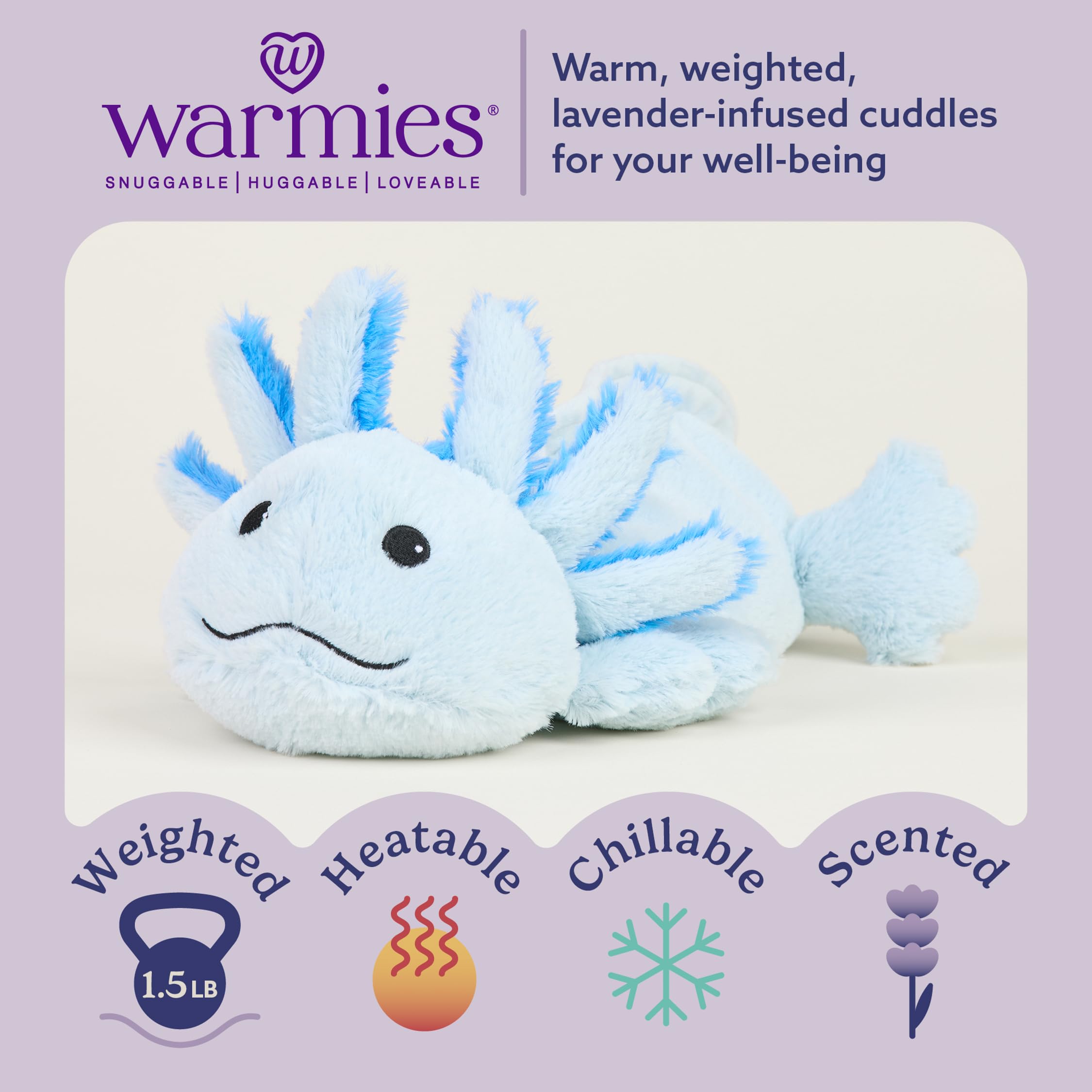 Warmies Blue Axolotl plush ready for bedtime snuggles and relaxing warmth.