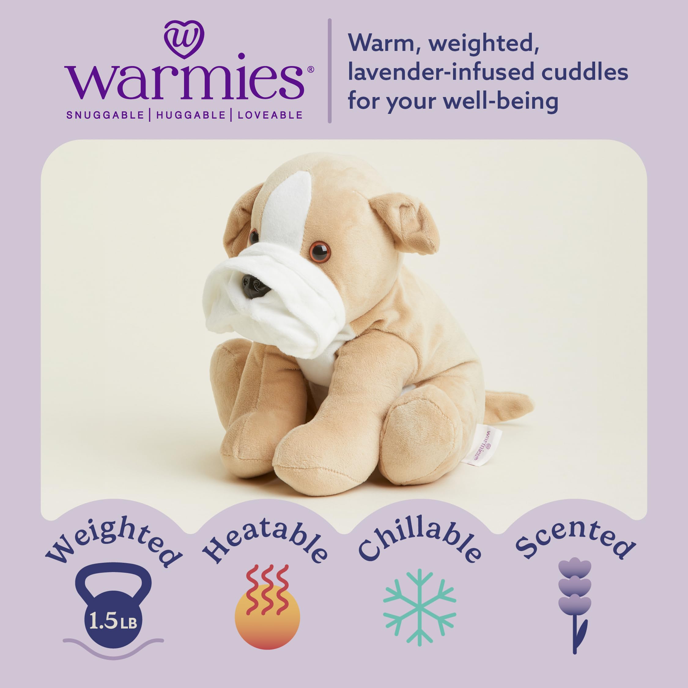 Warmies Bull Dog weighted plush provides gentle pressure for calm moments