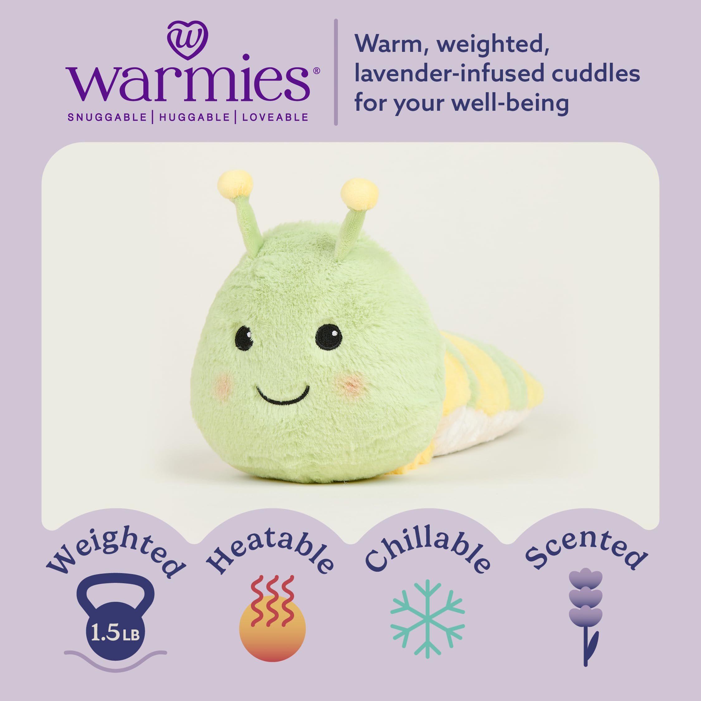 Warmies Caterpillar plush close-up highlighting weighted comfort.