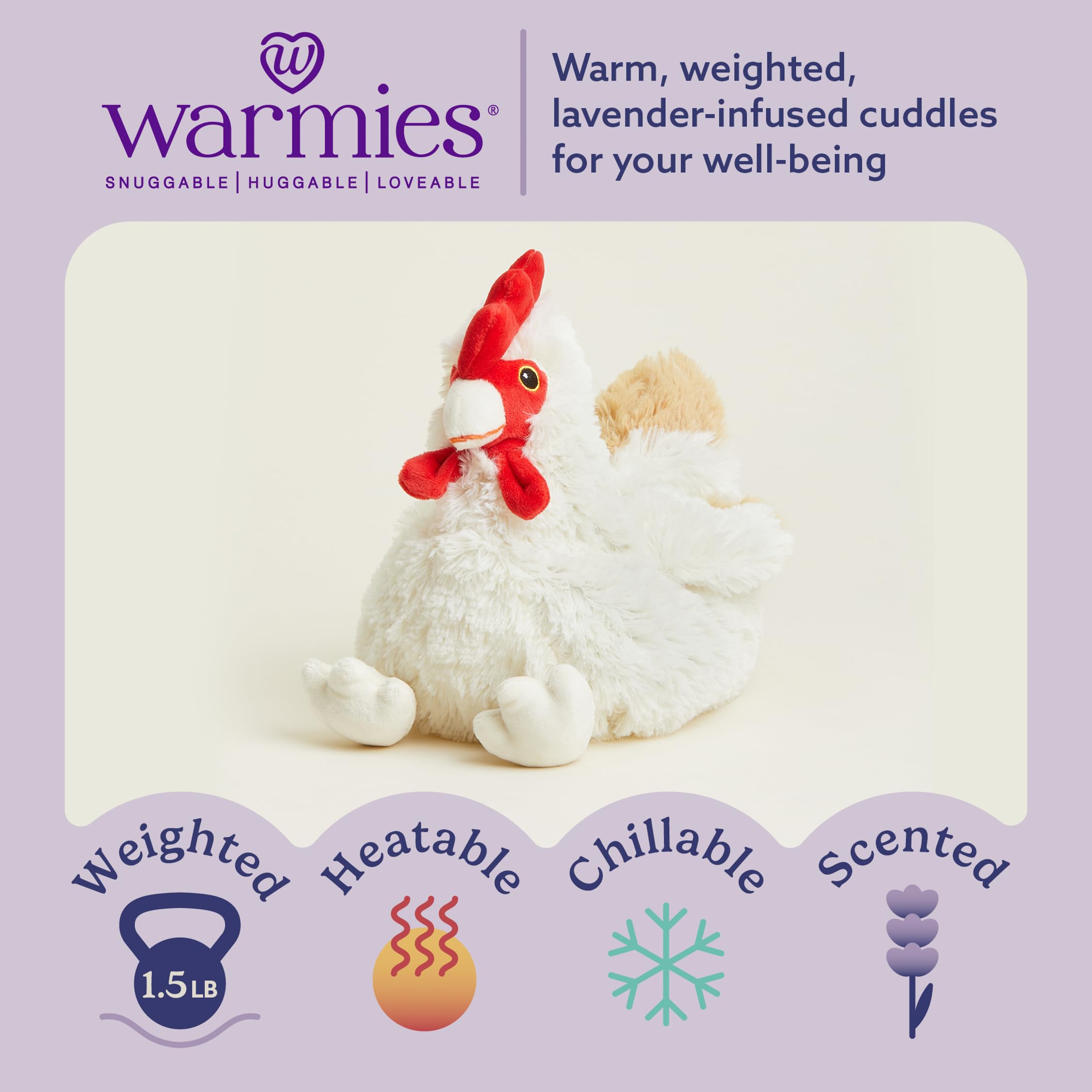 Close-up of Warmies chicken plush highlighting the weighted hug.