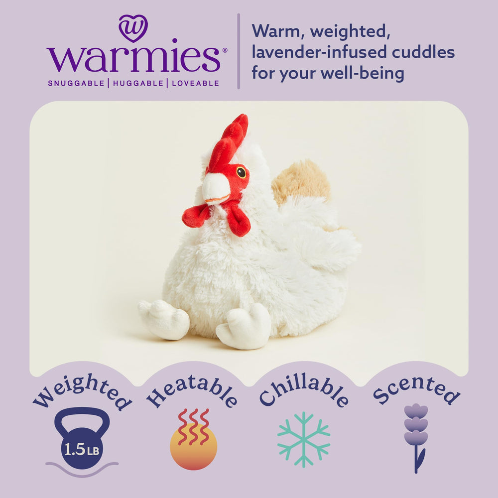 Close-up of Warmies chicken plush highlighting the weighted hug.