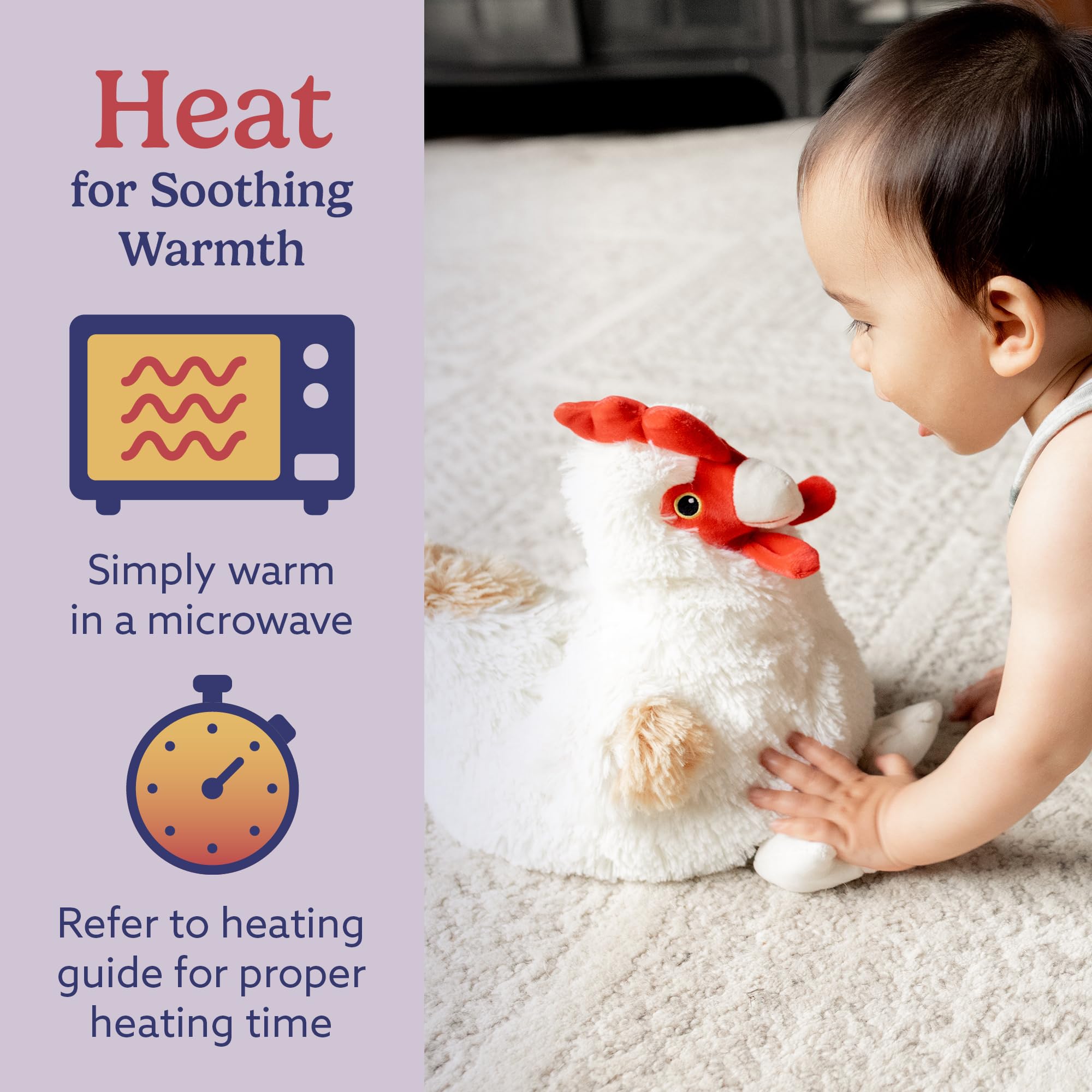 Warmies chicken plush with a weighted feel for comforting snuggles.