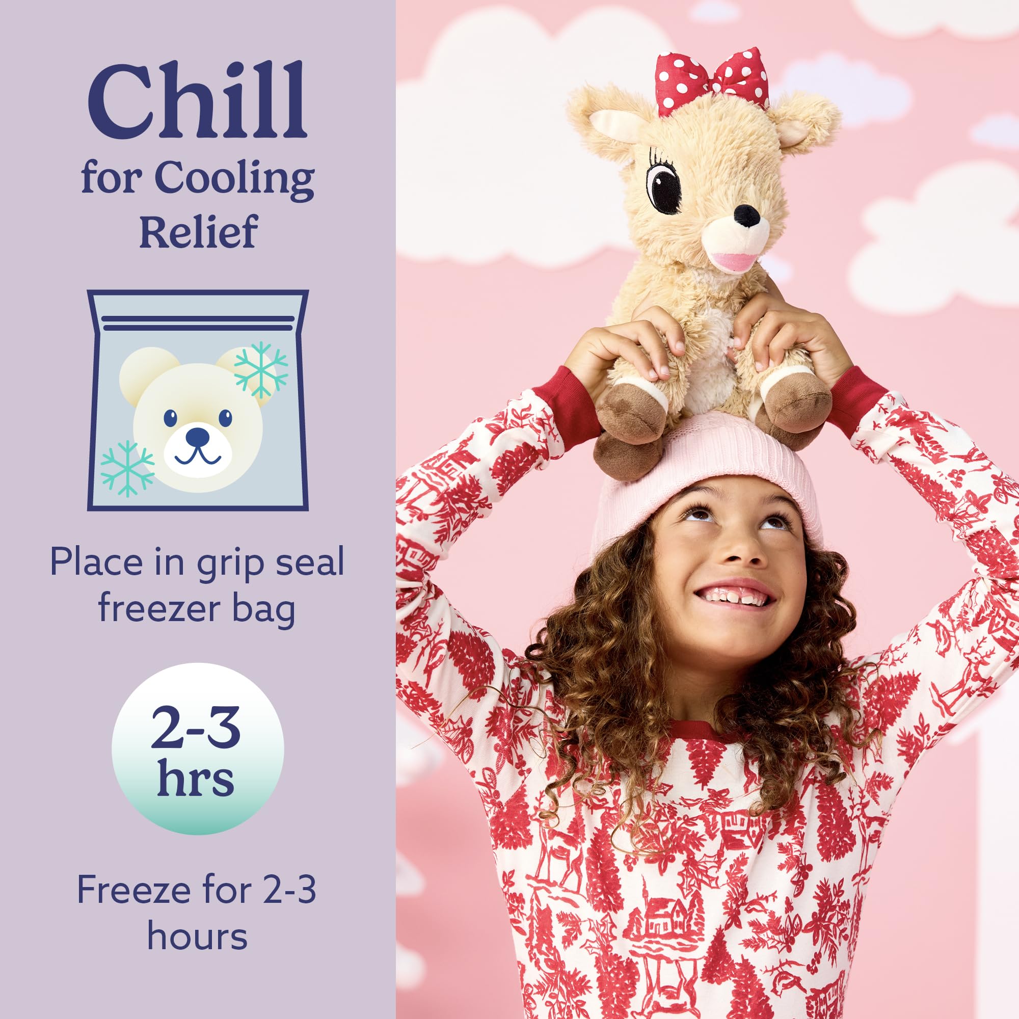 Warmies Clarice chilled in freezer for a refreshing cool touch.