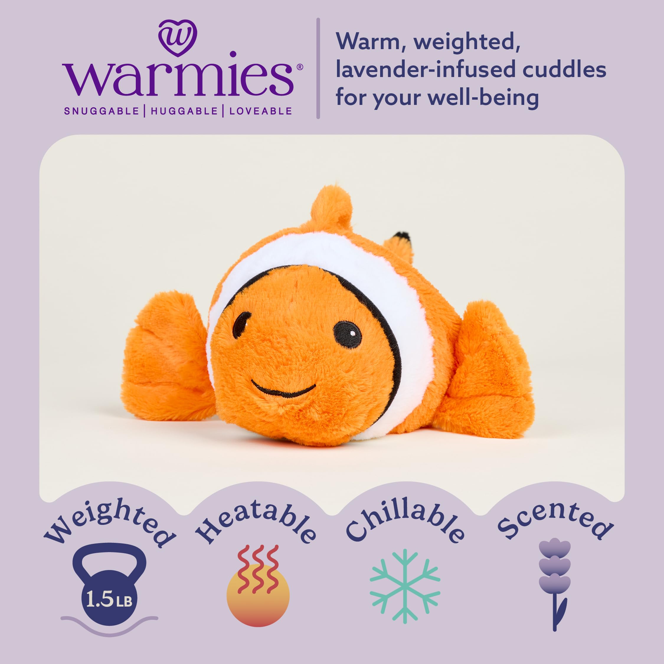 Warmies Clown Fish weighted plush offers a cozy, hug-like feel.