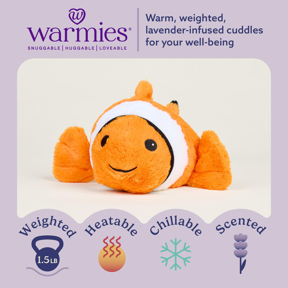 Warmies Clown Fish weighted plush offers a cozy, hug-like feel.