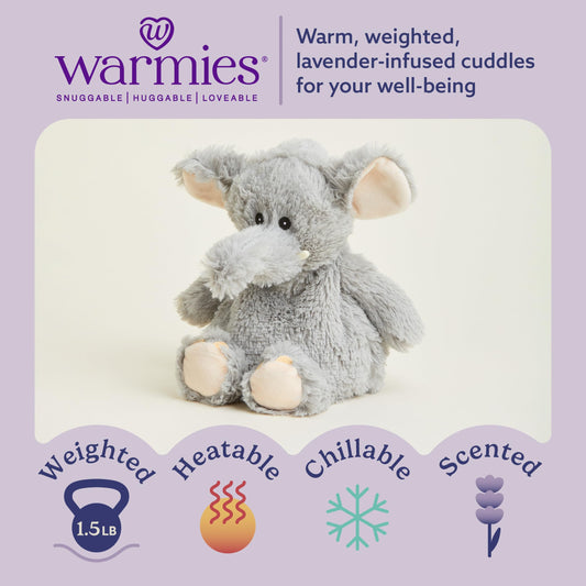 Warmies Gray Elephant weighted plush provides a comforting hug during bedtime.