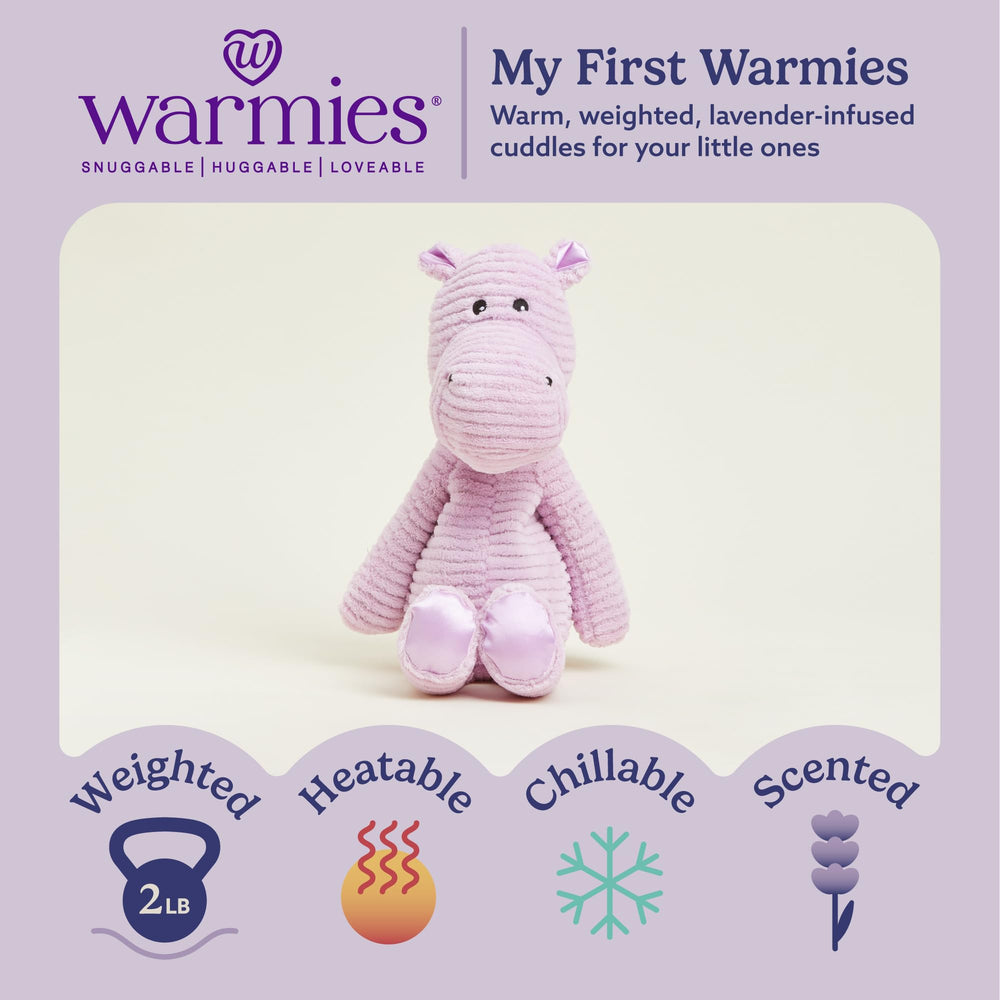 Warmies Hippo weighted plush closeup shows cozy grain-filled hug