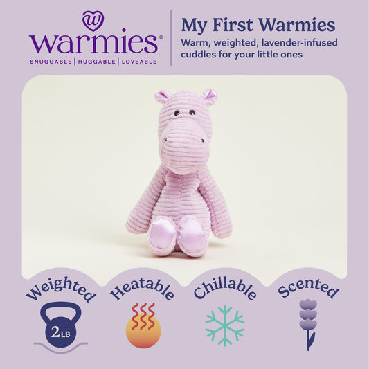 Warmies Hippo weighted plush closeup shows cozy grain-filled hug