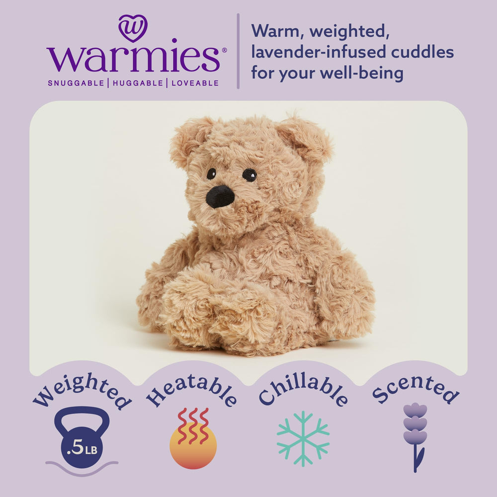 Warmies Junior Brown Curly Bear microwavable heat-ready close-up for soothing warmth.