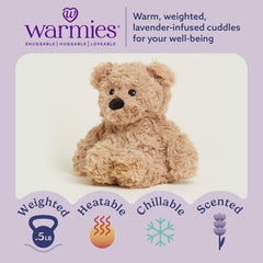 Warmies Junior Brown Curly Bear microwavable heat-ready close-up for soothing warmth.