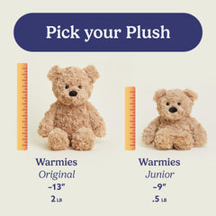 Warmies Junior Brown Curly Bear packaging and care guide for easy setup.