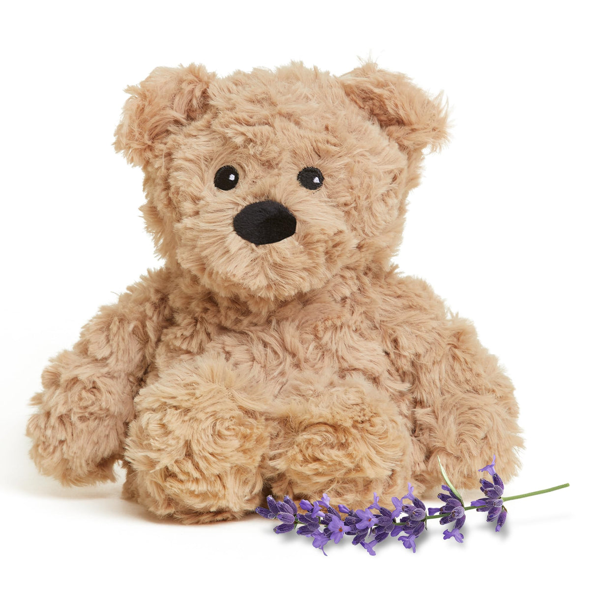 Warmies Junior Brown Curly Bear side view for cozy hugs and comforting warmth.