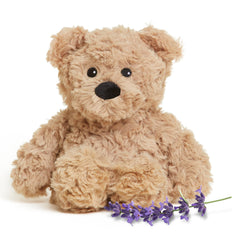 Warmies Junior Brown Curly Bear side view for cozy hugs and comforting warmth.