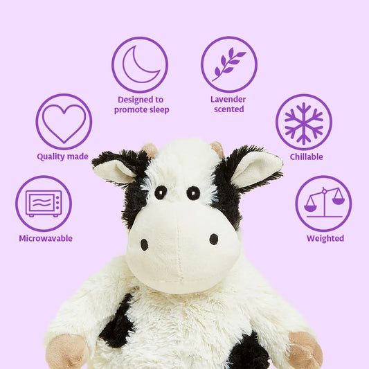 Warmies Junior Cow Plush in microwave warming for instant cozy warmth