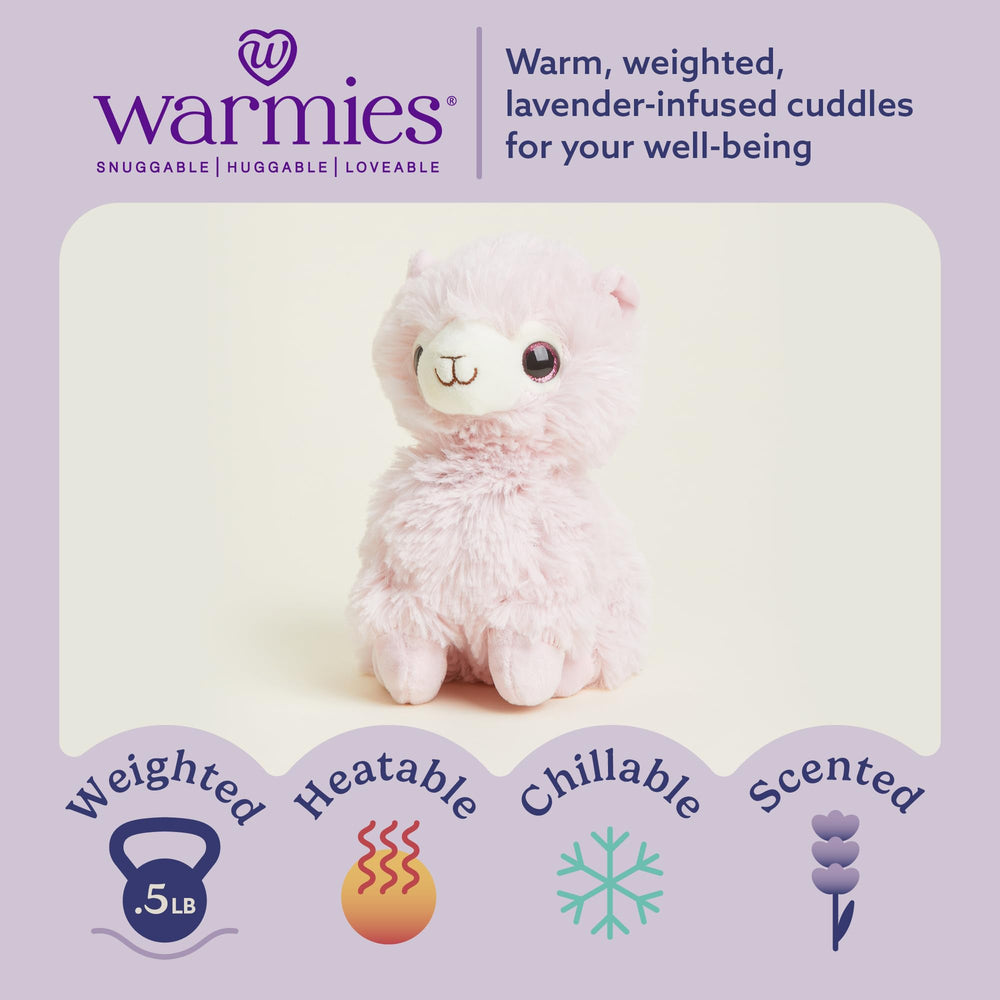 Warmies Junior Pink Llama chilled for cooling relief.