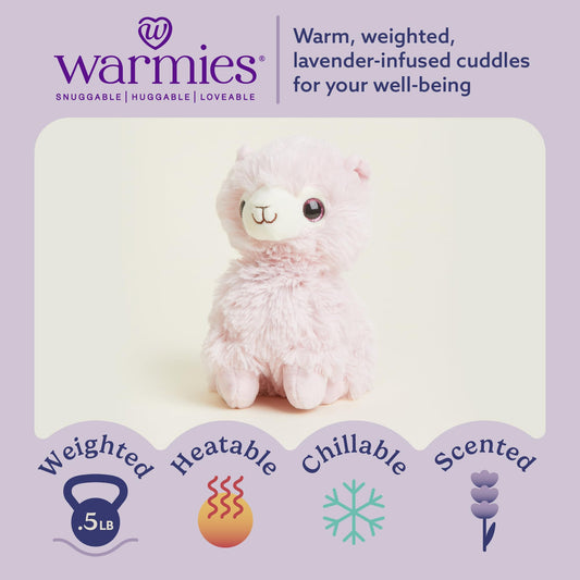 Warmies Junior Pink Llama chilled for cooling relief.