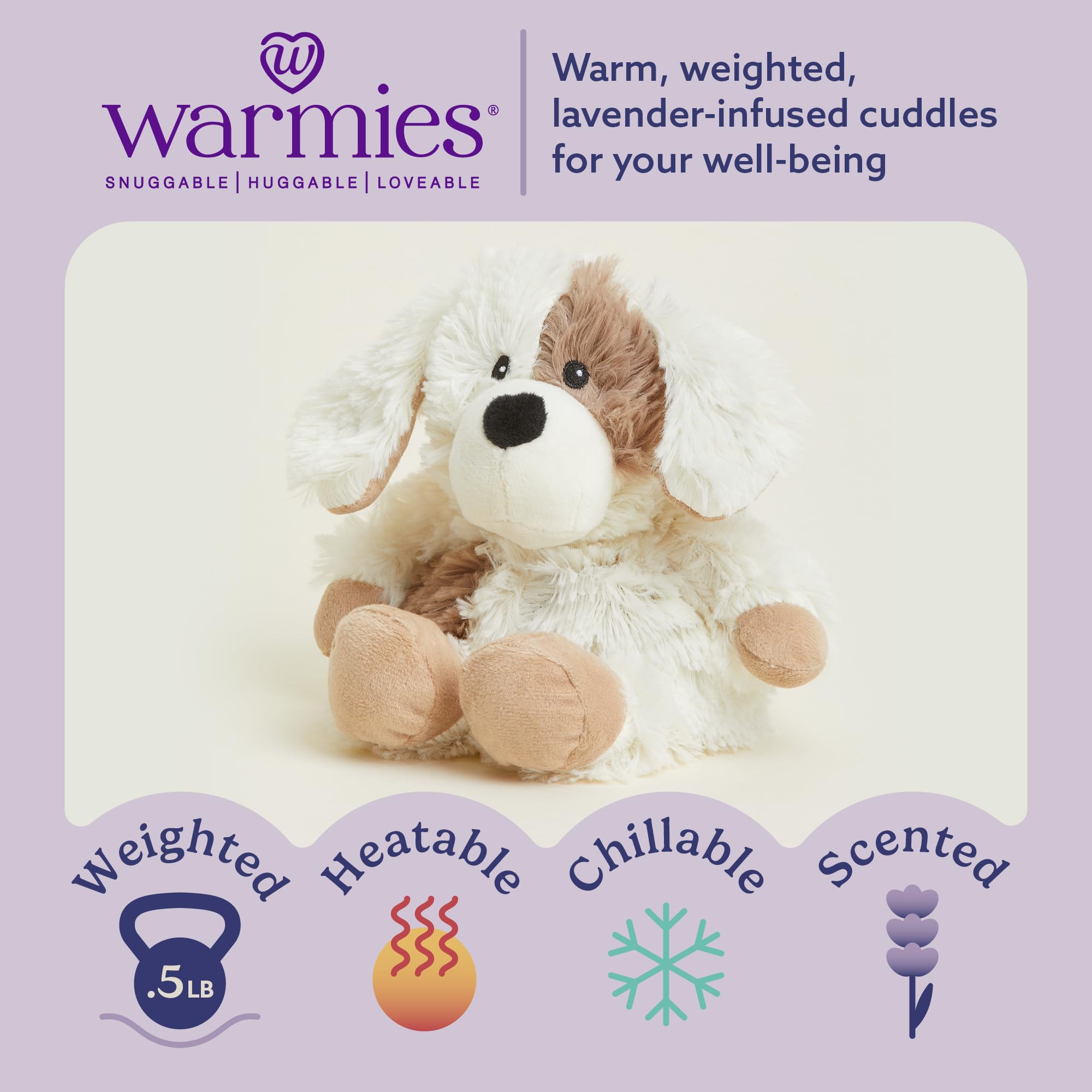 Warmies Junior Puppy weighted plush delivers a comforting hug during calm moments.