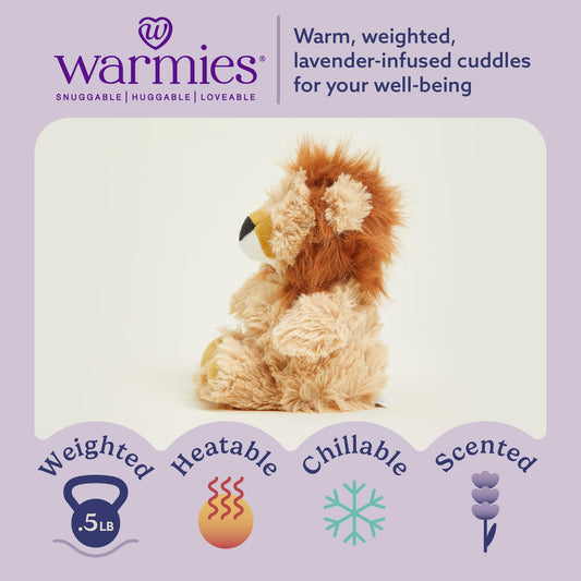 Close-up of Warmies Lion Junior head showing soft fur for comforting hugs.