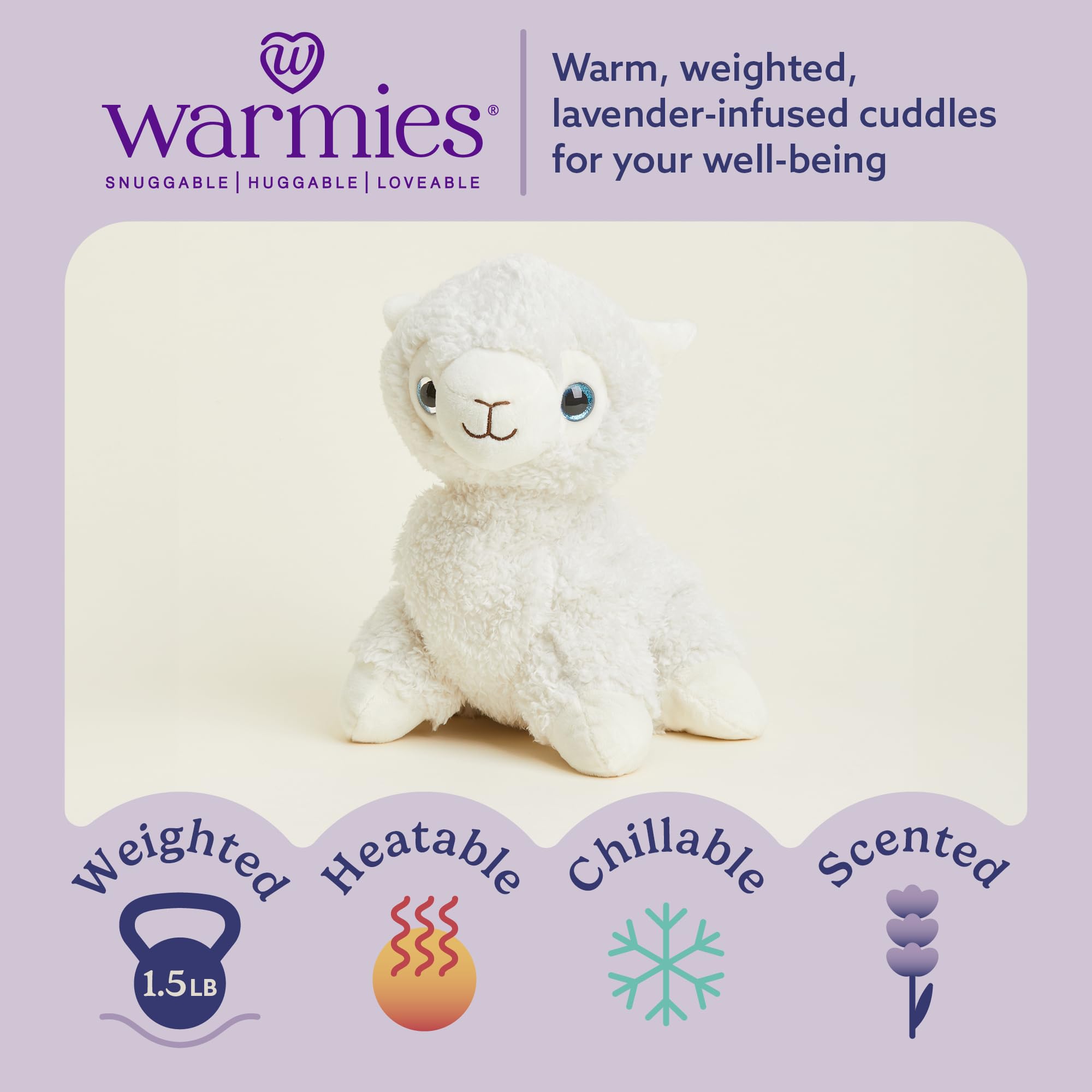 Warmies Llama weighted plush delivers a comforting, snug hug.