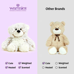 Warmies Marshmallow Bear child hugging, showcasing comforting companion for bedtime.
