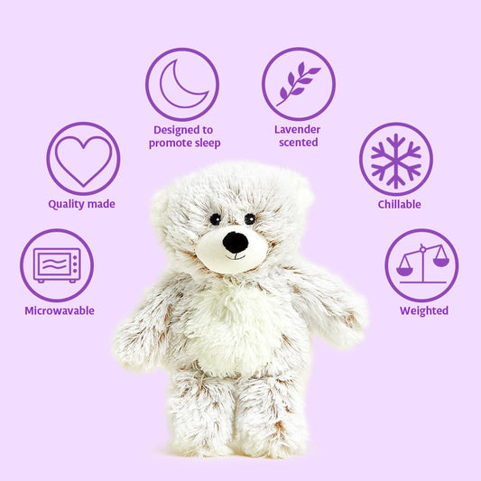 Warmies Marshmallow Bear side view, weighted plush ideal for comforting hugs.