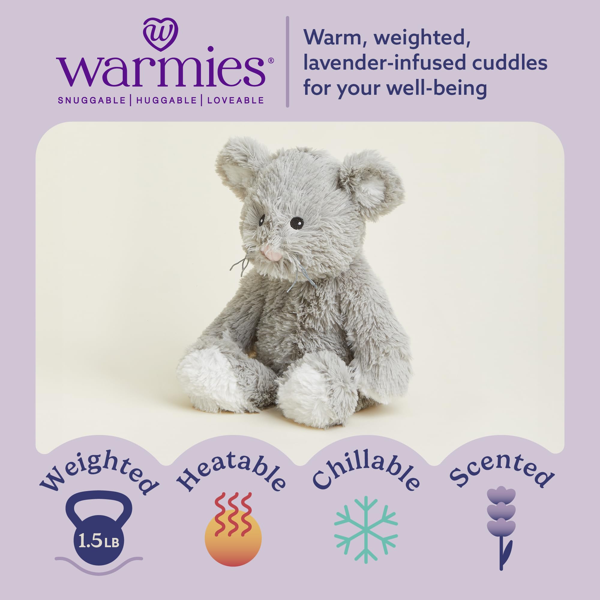 Warmies Mouse weighted plush offers comforting hugs.